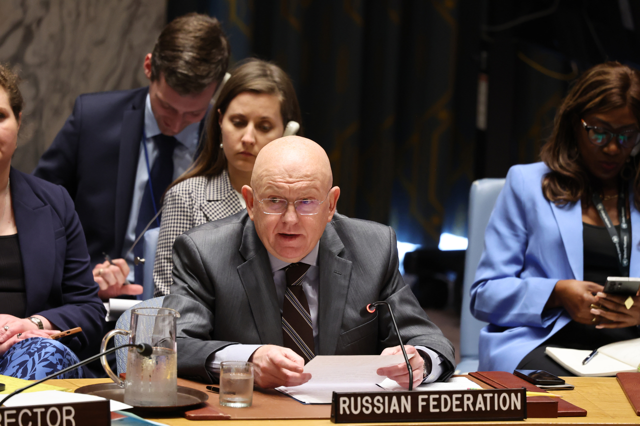 Russian permanent Ambassador to the United Nations Vassily Nebenzia speaks during a United Nations Security Council meeting on the situation in the Middle East, including the Palestinian question at the United Nations headquarters on June 10, 2024 in New York City. (Getty Images)