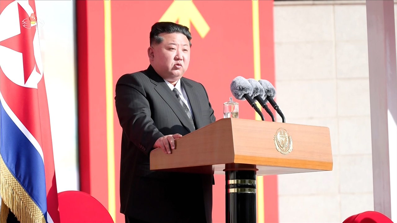 North Korean leader Kim Jong-un delivers a speech during the opening ceremony of the "Defense Development 2025" arms exhibition in Pyongyang on Saturday, in this image captured from Korean Central News Agency, Sunday. (KCNA)