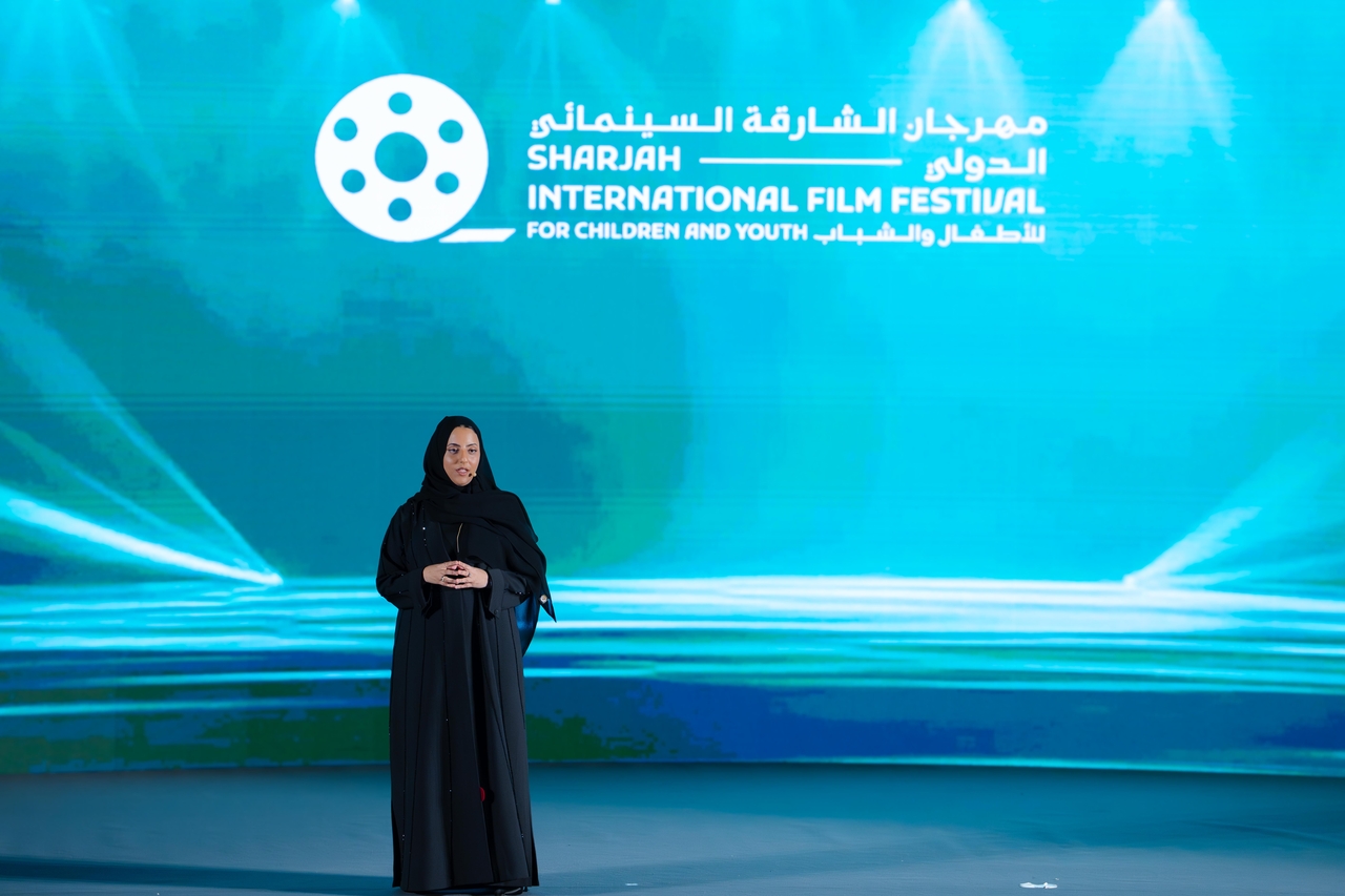 Festival director Sheikha Jawaher bint Abdullah Al Qasimi speaks at the opening ceremony for the 12th Sharjah International Film Festival for Children and Youth at the Al Qasimia University Theatre in Sharjah, United Arab Emirates, Sunday. (Sharjah International Film Festival)