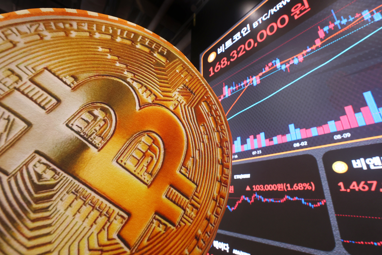 This photo shows an electronic board displaying market data at the Bithumb Lounge’s Gangnam headquarters in Seoul, on Thursday. (Yonhap)