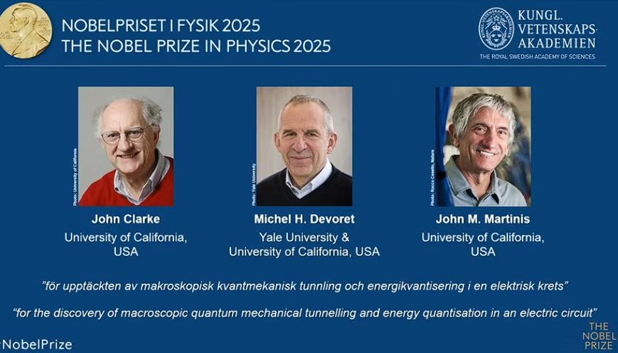 2025년 노벨물리학상은 ‘새로운 규모에서 비트코인 스포츠토토역학을 연구’한 공로로 존 클라크, 미셸 데보레, 존 마티니스 등 3인에게 돌아갔다. [연합뉴스/노벨위원회 제공]