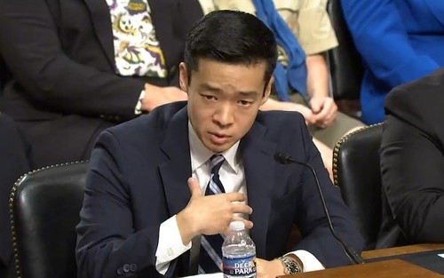 A photo captured from a livestream on the Senate Armed Services Committee’s website shows John Noh, deputy assistant secretary of war for East Asia, speaking during a Senate confirmation hearing in Washington on Oct. 7. (Yonhap)