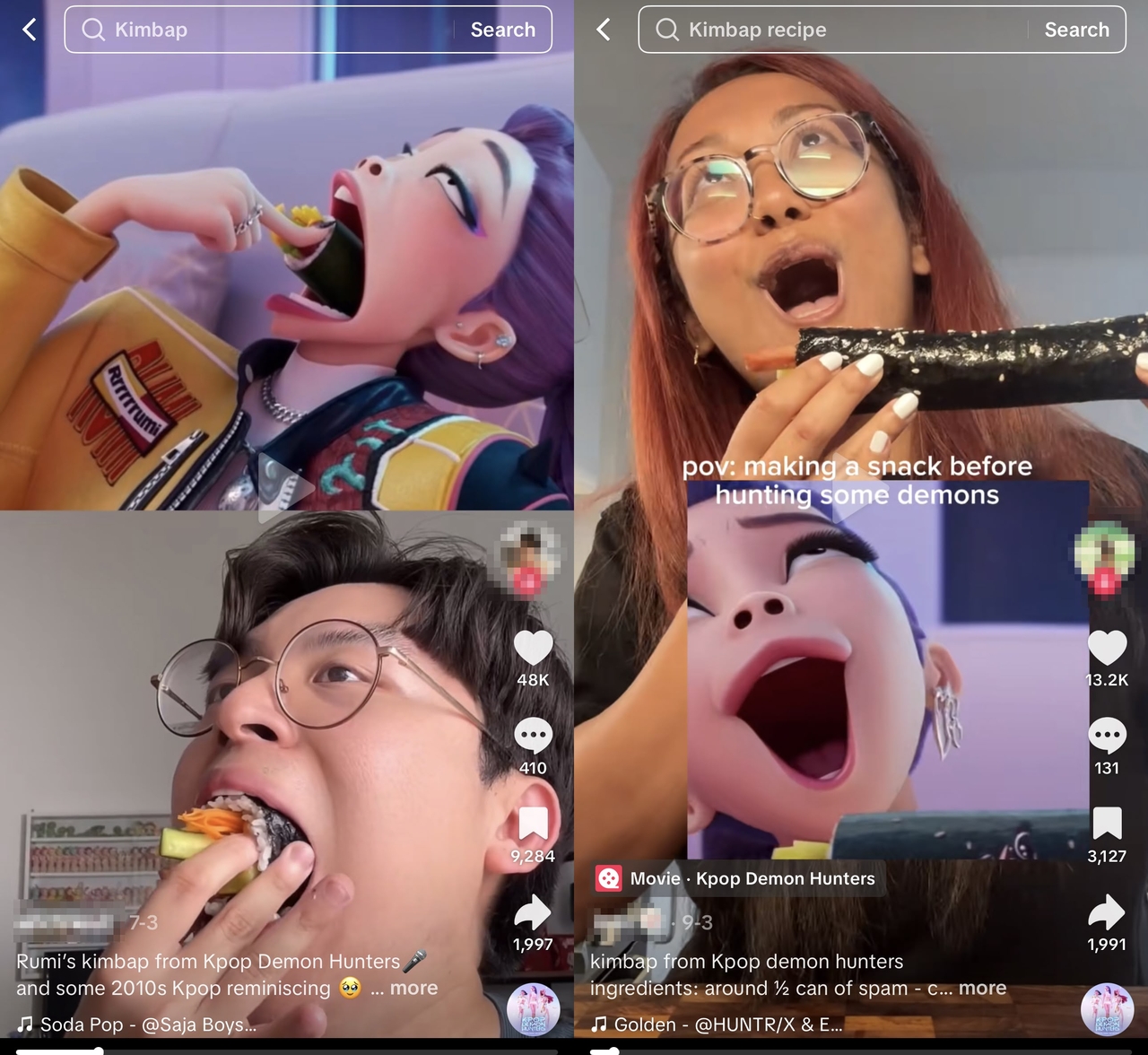 Rumi’s exaggerated gimbap bite from "KPop Demon Hunters" inspired viral food challenges on social media and boosted international curiosity for real Korean gimbap. (Screen captures from TikTok)
