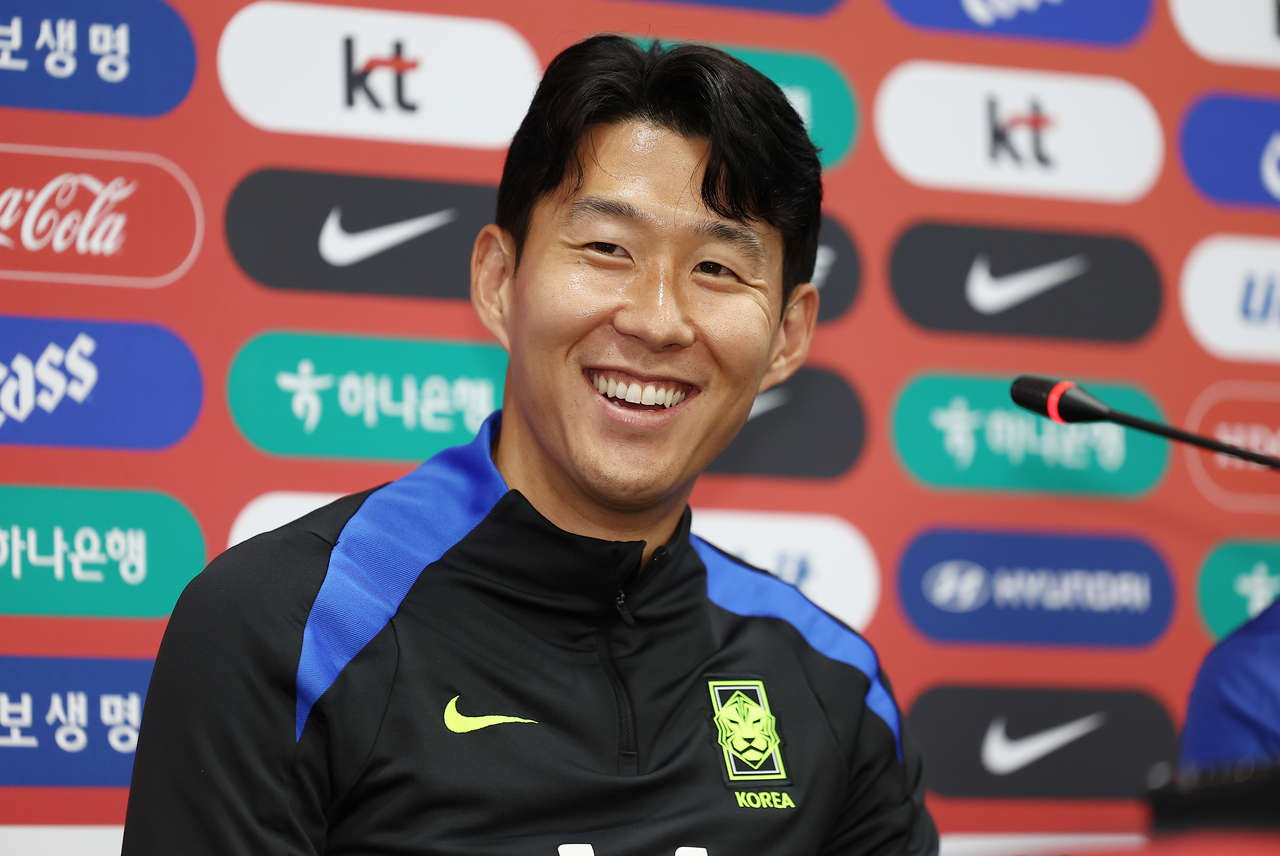 Son Heung-min, captain of the South Korean men's national football team, smiles during a press conference at Seoul World Cup Stadium in Seoul on Oct. 9, 2025. (Yonhap)