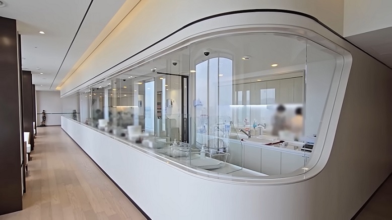 A nursery inside a high-end postpartum care center in Yongsan, central Seoul, where newborns are cared for (YouTube @dudely_08)