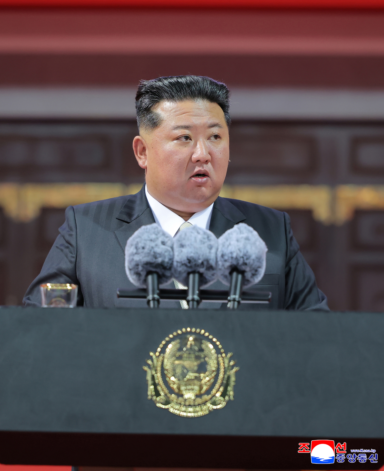 North Korean leader Kim Jong-un delivers a speech during a ceremony marking the 80th anniversary of the founding of the Workers' Party of Korea held at Pyongyang's May Day Stadium on Thursday. (Yonhap)