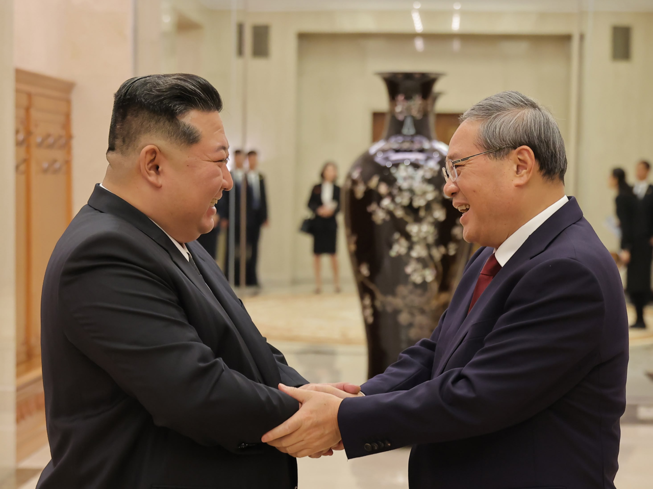North Korean leader Kim Jong-un meets with Chinese Premier Li Qiang in Pyongyang on Thursday, for friendly talks during Li’s official goodwill visit, the Korean Central News Agency reported. (Yonhap)