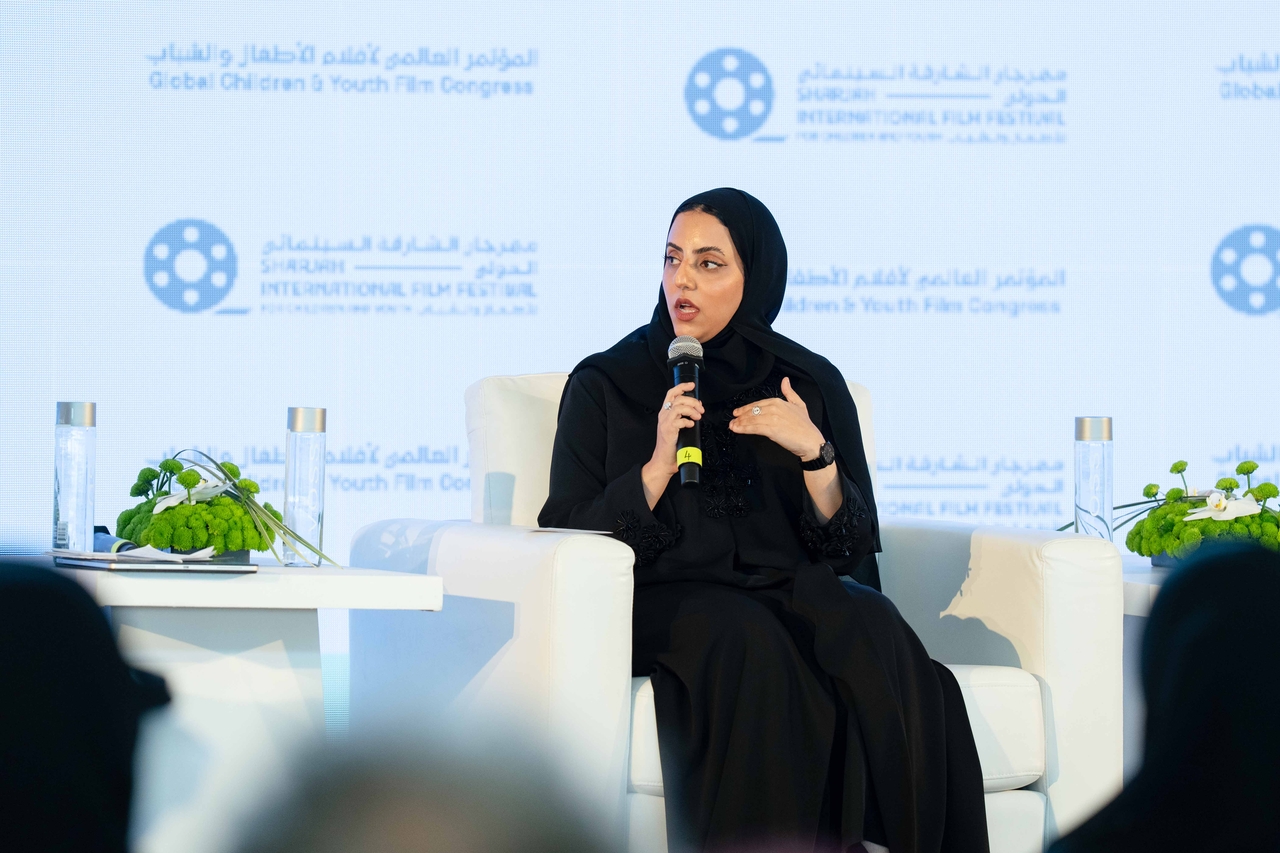 Sheikha Jawaher bint Abdullah Al Qasimi speaks at the inaugural Global Children and Youth Film Congress, held as part of the Sharjah International Film Festival at the House of Wisdom in Sharjah, United Arab Emirates, on Oct. 8. (Sharjah International Film Festival)