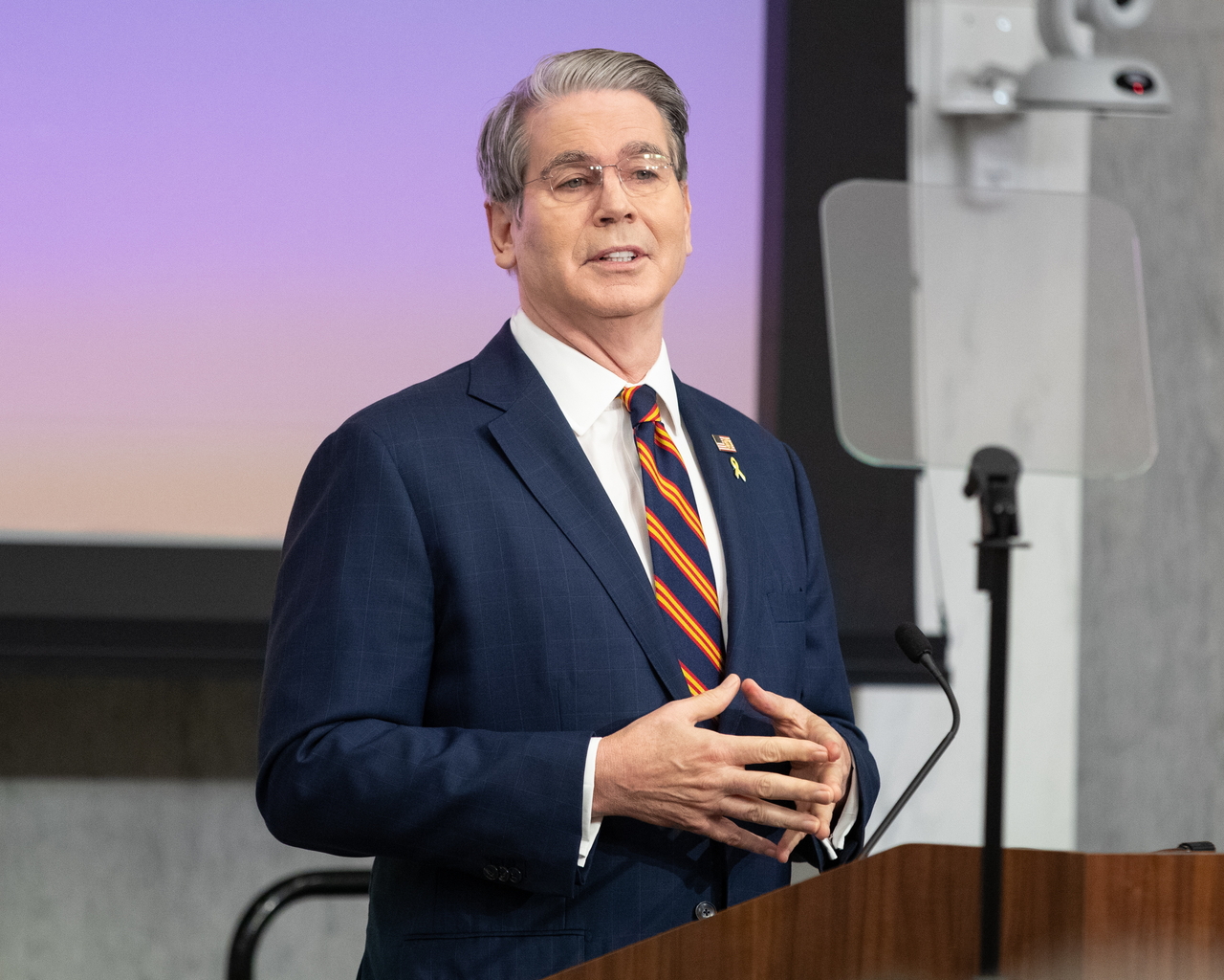 US Secretary of the Treasury Scott Bessent delivers remarks during the Community Bank Conference at the Federal Reserve in Washington, D.C., on Oct. 9.  (EPA-Yonhap)