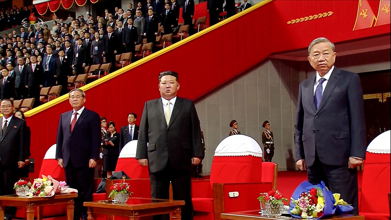 North Korean leader Kim Jong-un attends a ceremony marking the 80th anniversary of the ruling Workers’ Party at May Day Stadium in Pyongyang on Thursday, joined by Chinese Premier Li Qiang, Russian Deputy Security Council Chairman Dmitry Medvedev, and Vietnamese Party Chief To Lam. (Yonhap)