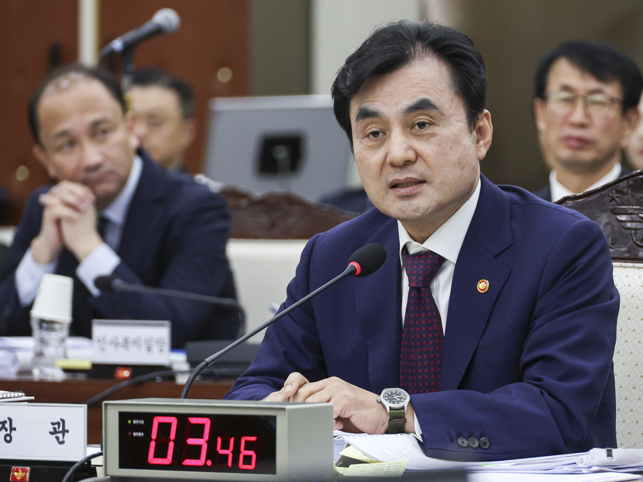 Defense Minister Ahn Gyu-back speaks during a parliamentary audit at the National Assembly in western Seoul on Monday. (Yonhap)