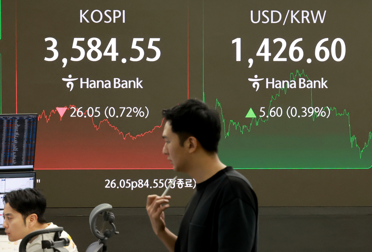 An electronic board showing the Korea Composite Stock Price Index at a dealing room of the Hana Bank headquarters in Seoul on Monday. (Yonhap)
