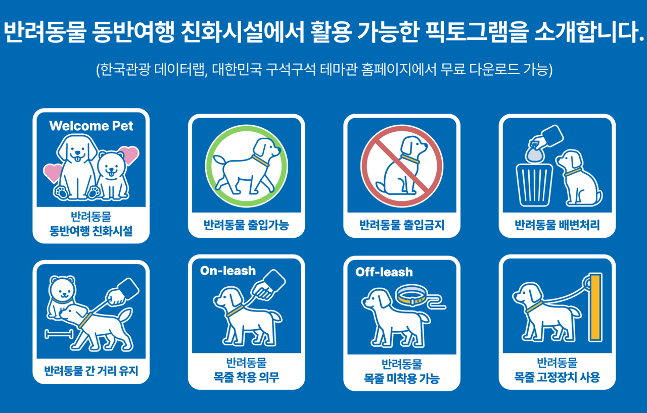 반려동물 동반여행 친화시설에 활용 가능한 픽토그램. 일종의 반려교통표지판이다.