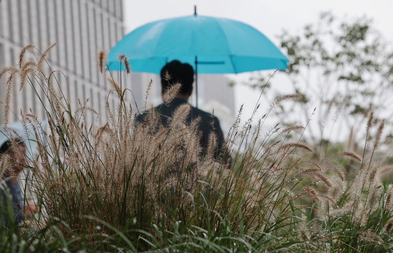 A pedestrian walks with an umbrella in central Seoul on Friday. (Yonhap)