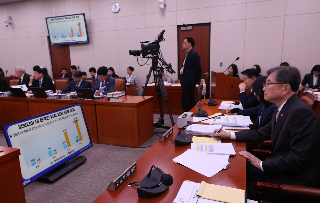 Foreign Minister Cho Hyun answers questions from lawmakers concerning crimes targeting South Koreans in Cambodia, during an annual audit of the Foreign Ministry conducted by the National Assembly’s Foreign Affairs and Unification Committee at the National Assembly in Seoul on Monday. (Yonhap)