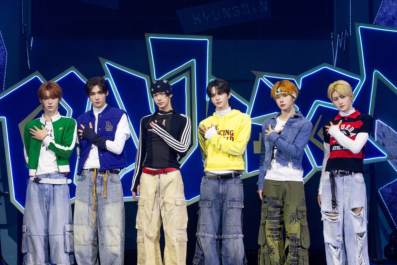 TWS poses during the media showcase for its 4th EP "Play Hard" held in Seoul, Monday. (Pledis Entertainment)