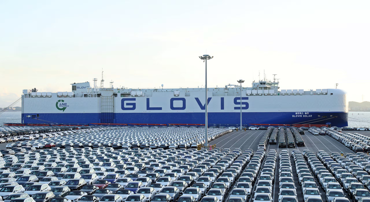 A Hyundai Glovis vehicle carrier waits to be loaded with cars at Pyeongtaek Port in Gyeonggi Province. (Hyundai Glovis)