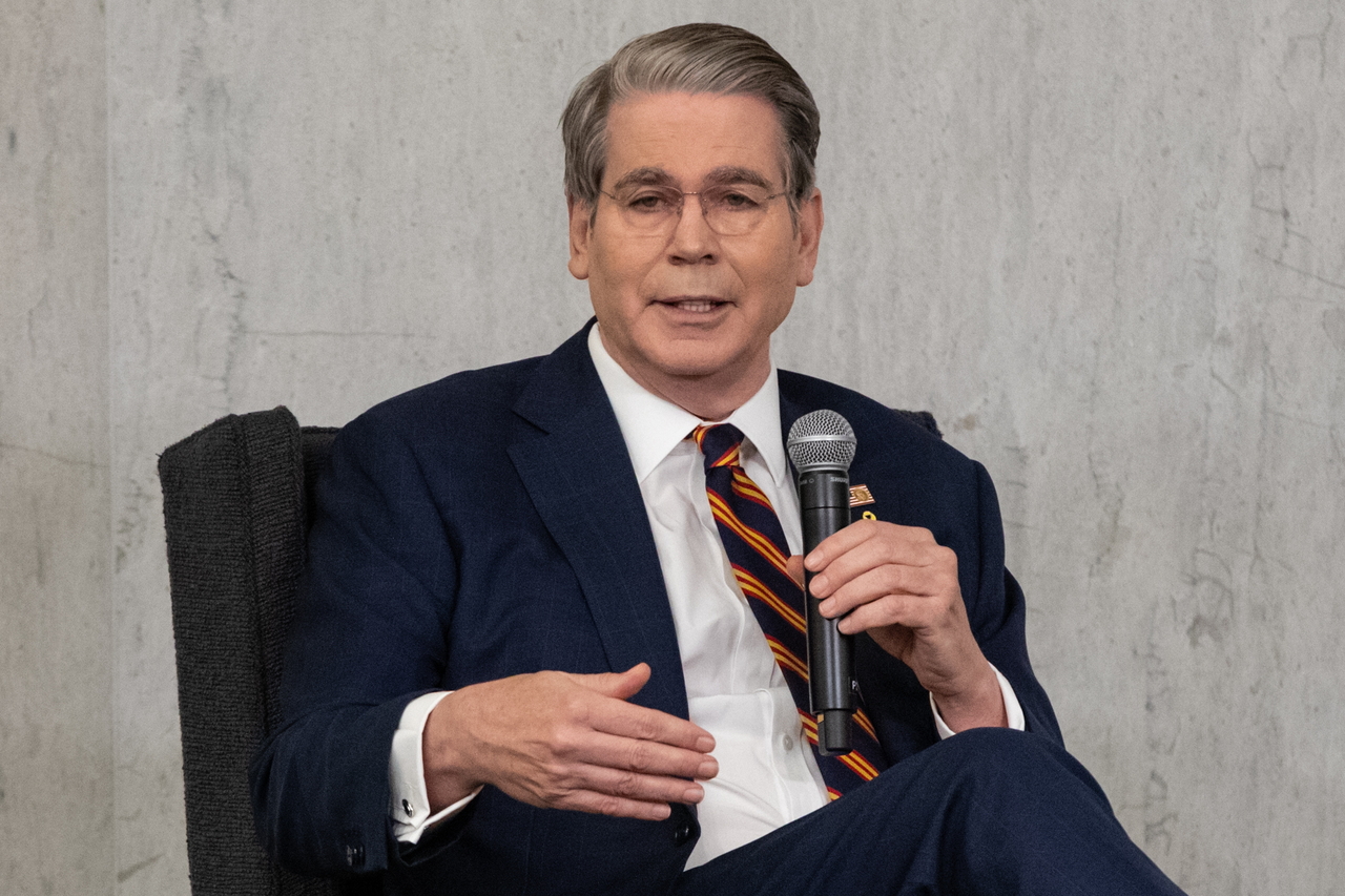 US Secretary of the Treasury Scott Bessent delivers remarks during the Community Bank Conference at the Federal Reserve in Washington on Thursday, in this photo released by EPA. (Yonhap)