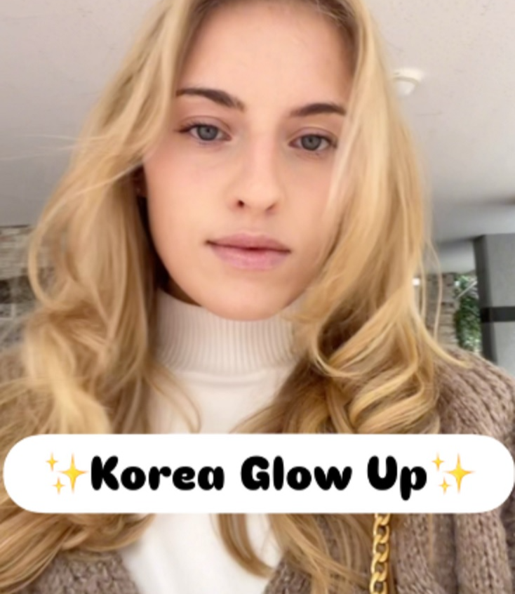 A screenshot from a video uploaded by Peyton showing her transformation before and after visiting Korea.  (Instagram @peyharu_).
