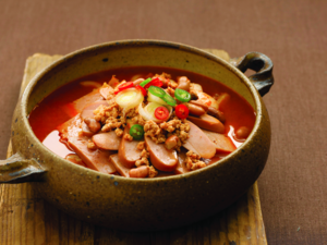 Budaejjigae, spicy stew with sausage and ham