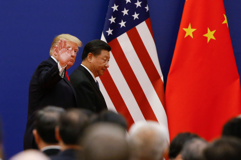 US President Donald Trump and China's President Xi Jinping meet business leaders at the Great Hall of the People on November 9, 2017 in Beijing, China. (Getty Images)