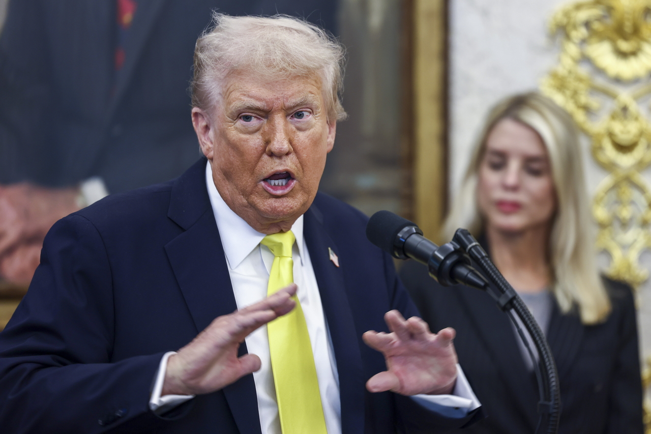US President Donald Trump speaks during a press conference in the Oval Office of the White House in Washington on Wednesday in this photo released by EPA. (Pool photo) (Yonhap)