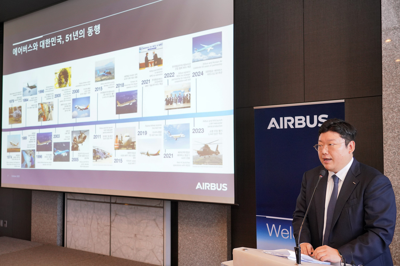 Airbus Korea Chief Representative Lee Hee-hwan explains the company’s Korean operations during a press conference in Seoul on Thursday. (Airbus Korea)