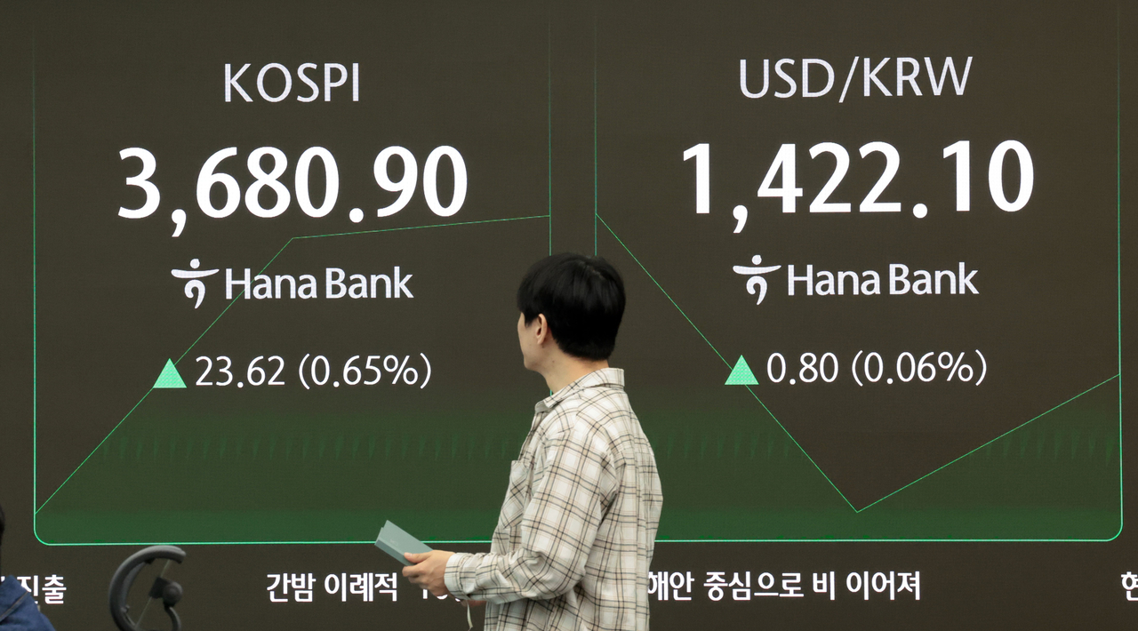 An electronic board showing the Korea Composite Stock Price Index at a dealing room of the Hana Bank headquarters in Seoul on Thursday. (Yonhap)