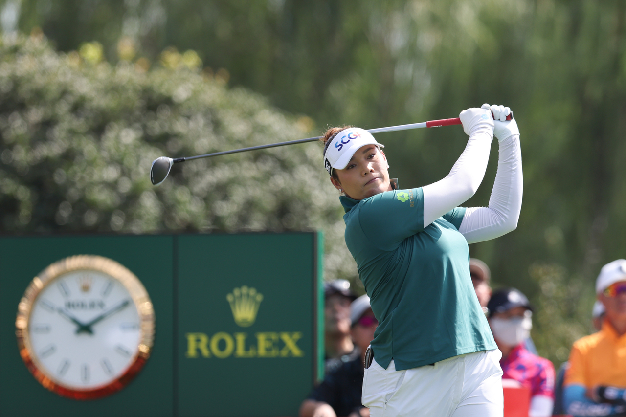 Ariya Jutanugarn of Thailand hits a tee shot on the first hole during the third round of the Buick LPGA Shanghai 2025 at Shanghai Qizhong Garden Golf Club on Saturday in Shanghai, China. (Getty Images)