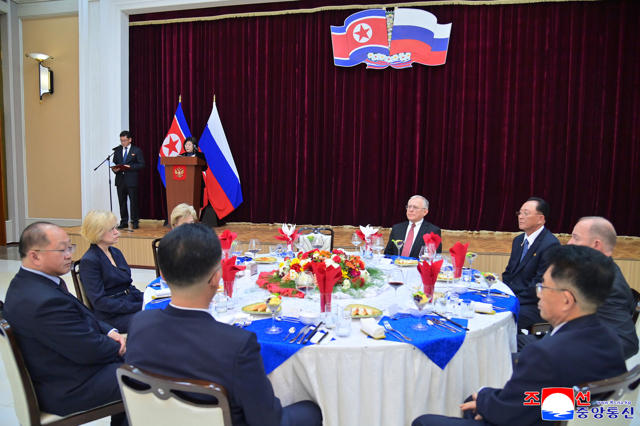 North Korean Foreign Minister Choe Son-hui speaks at a reception hosted by the Russian Embassy in Pyongyang on Thursday, marking the 77th anniversary of North Korea-Russia diplomatic ties. (Yonhap)