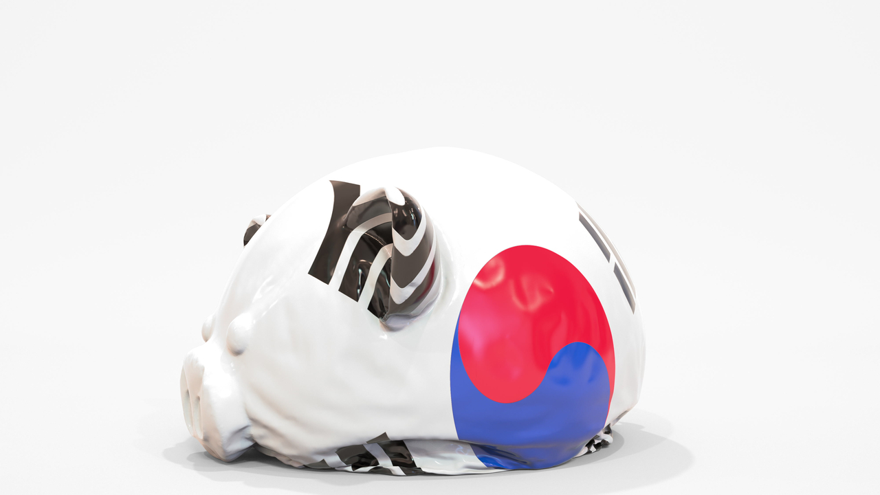 Deflating inflatable piggy bank with printed flag, 3D. (123RF)