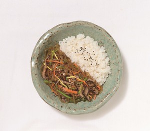 Japchaedeopbap, Korean stir-fried noodles and pork over rice