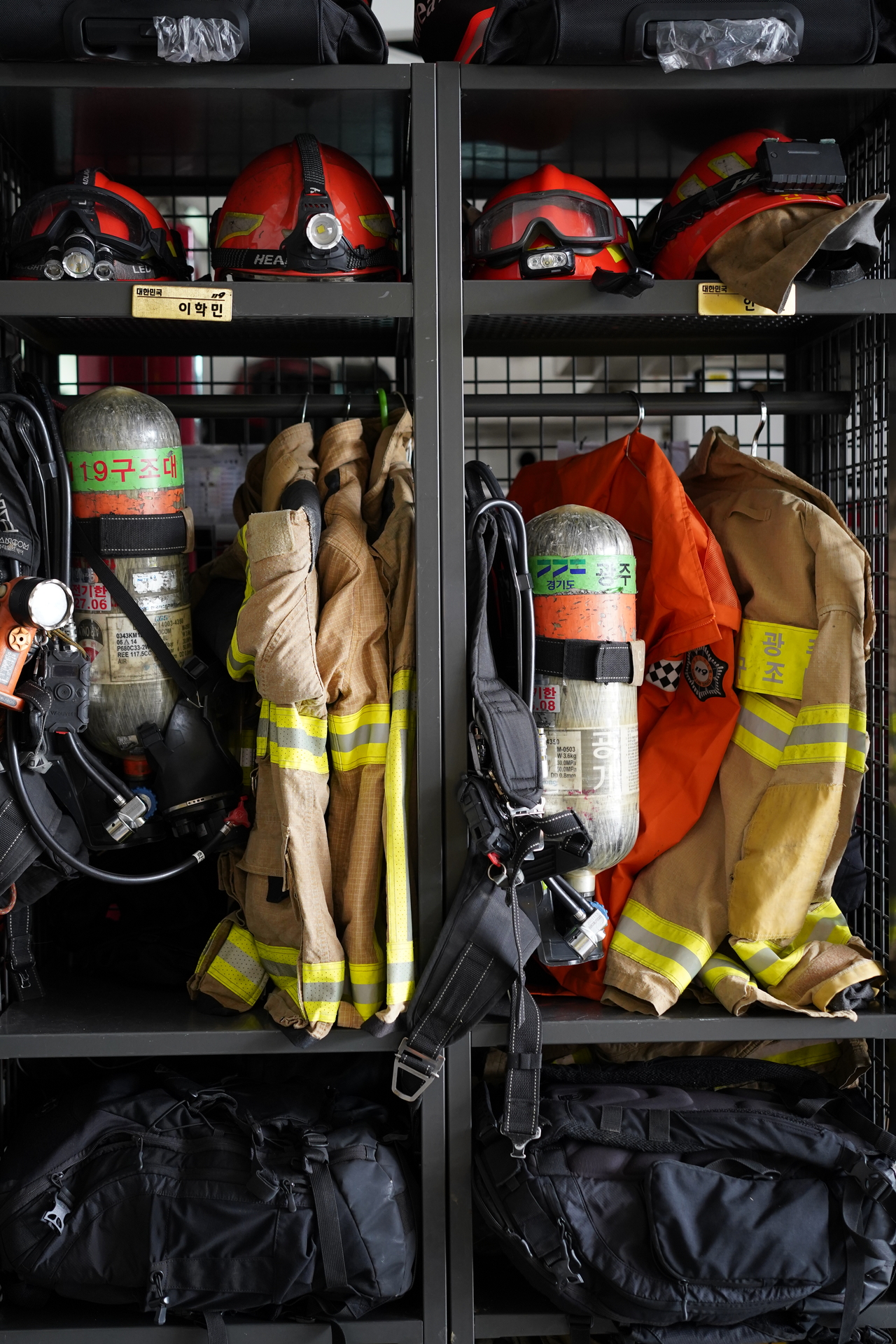 Firefighting gear is stored at the Gwangju Fire Station. (Lee Si-jin/The Korea Herald)