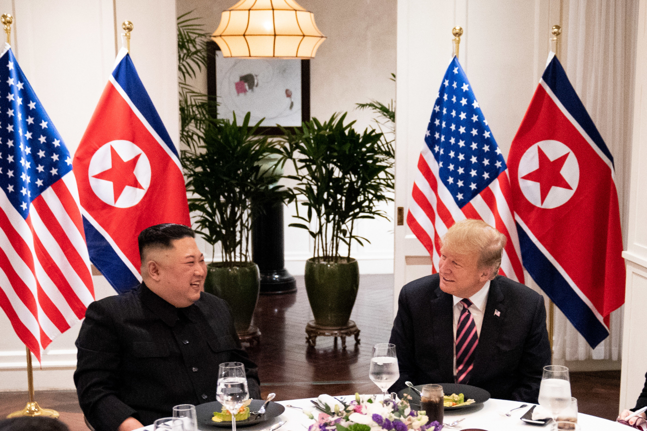 US President Donald Trump and North Korean leader Kim Jong-un, meet for a social dinner on Feb. 27, 2019, at the Sofitel Legend Metropole hotel in Hanoi, for their second summit meeting. (White House)