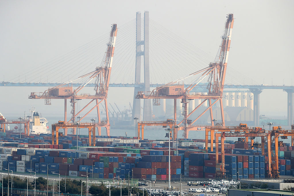 Cranes and shipping containers are seen at the Port of Pyeongtaek in April in Pyeongtaek, Gyeonggi Province. (Getty Images)