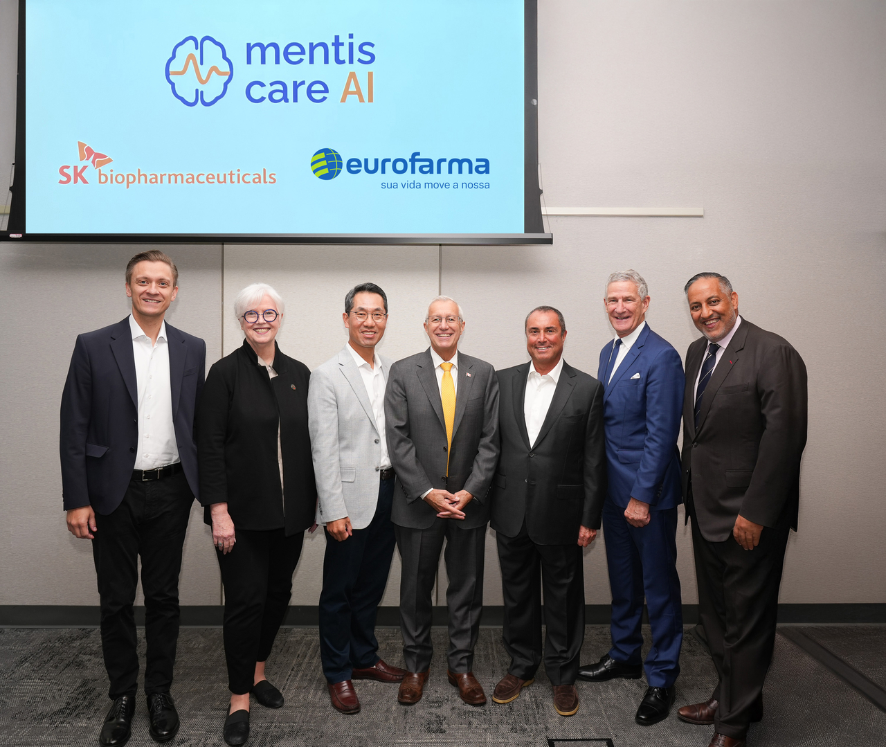 SK Biopharmaceuticals CEO Lee Dong-hoon (third from left) poses for a photo alongside other participants in the launch event of the company's joint venture with Europharma at the MaRS Discovery District in Toronto, Canada, on Monday. (SK Biopharmaceuticals)