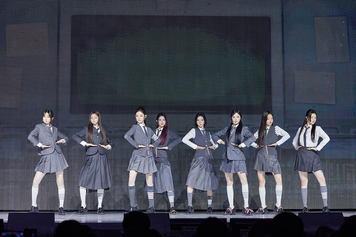 Hearts2Hearts performs during a press showcase for their first EP, "Focus," in Seoul, Monday. (SM Entertainment)