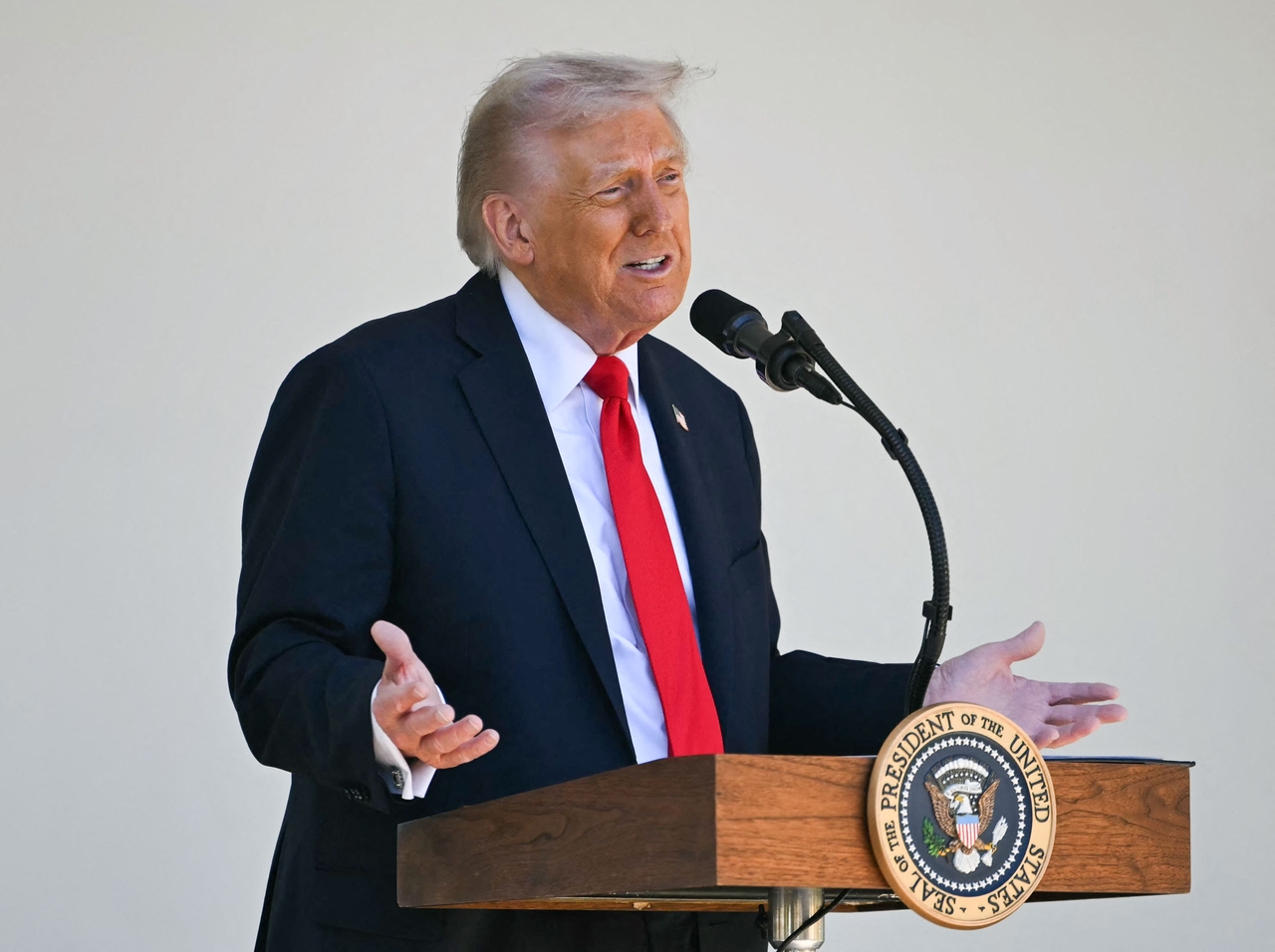 US President Donald Trump speaks at a "Rose Garden Club" lunch in the Rose Garden of the White House in Washington, DC, on Tuesday. (AFP-Yonhap)