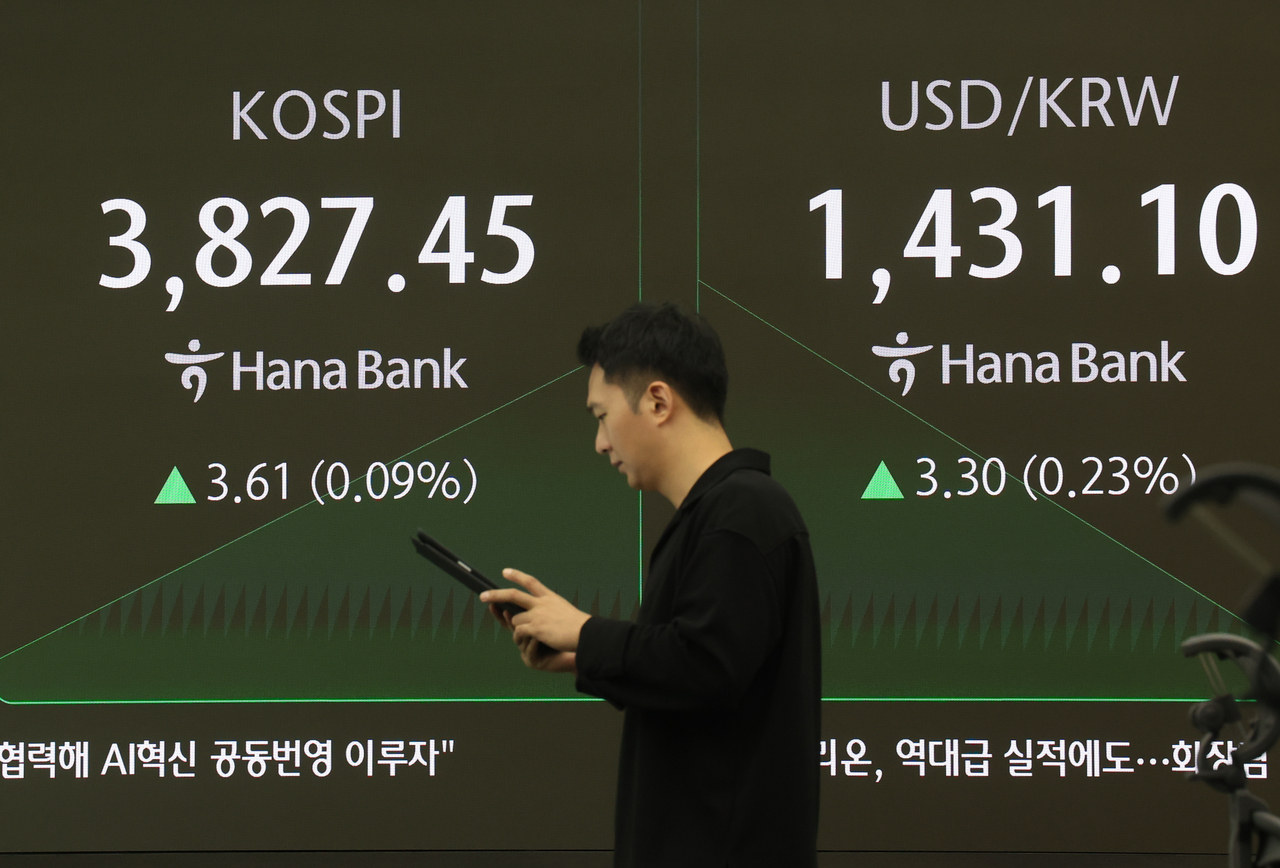 An electronic board showing the Korea Composite Stock Price Index at a dealing room of the Hana Bank headquarters in Seoul on Wednesday . (Yonhap)