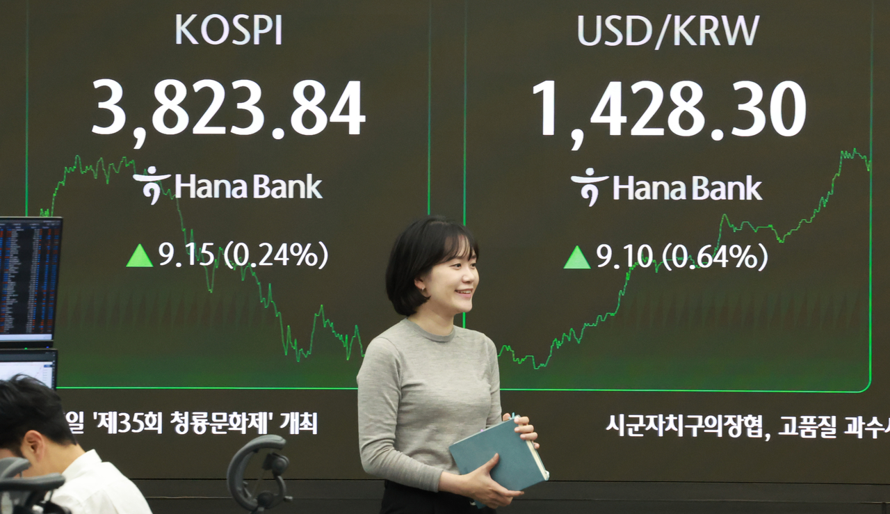 21일 서울 을지로 하나은행 본점 딜링룸 현황판에 코스피와 원/달러 환율이 표시돼 있다. [연합]