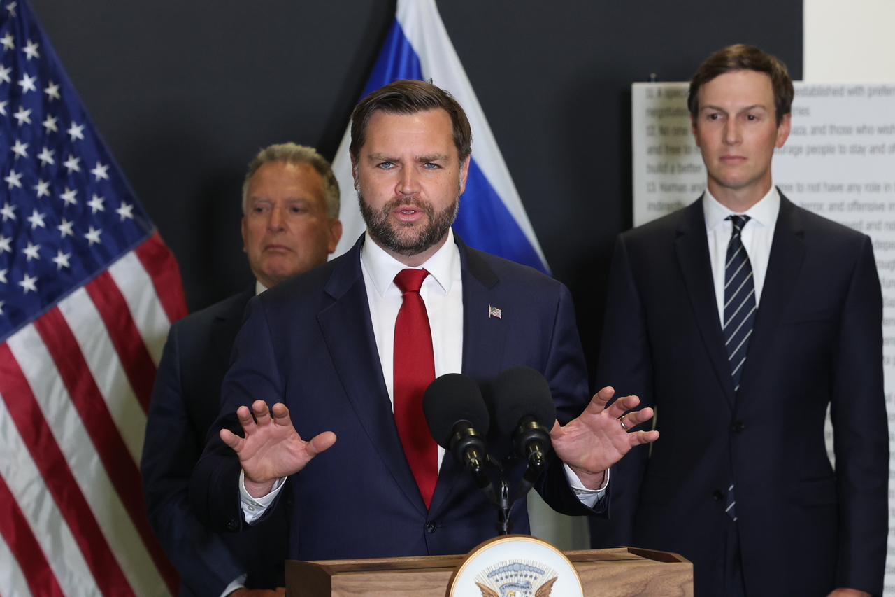 US Vice President JD Vance speaks during a media briefing at an undisclosed location in southern Israel, Tuesday. (EPA-Yonhap)