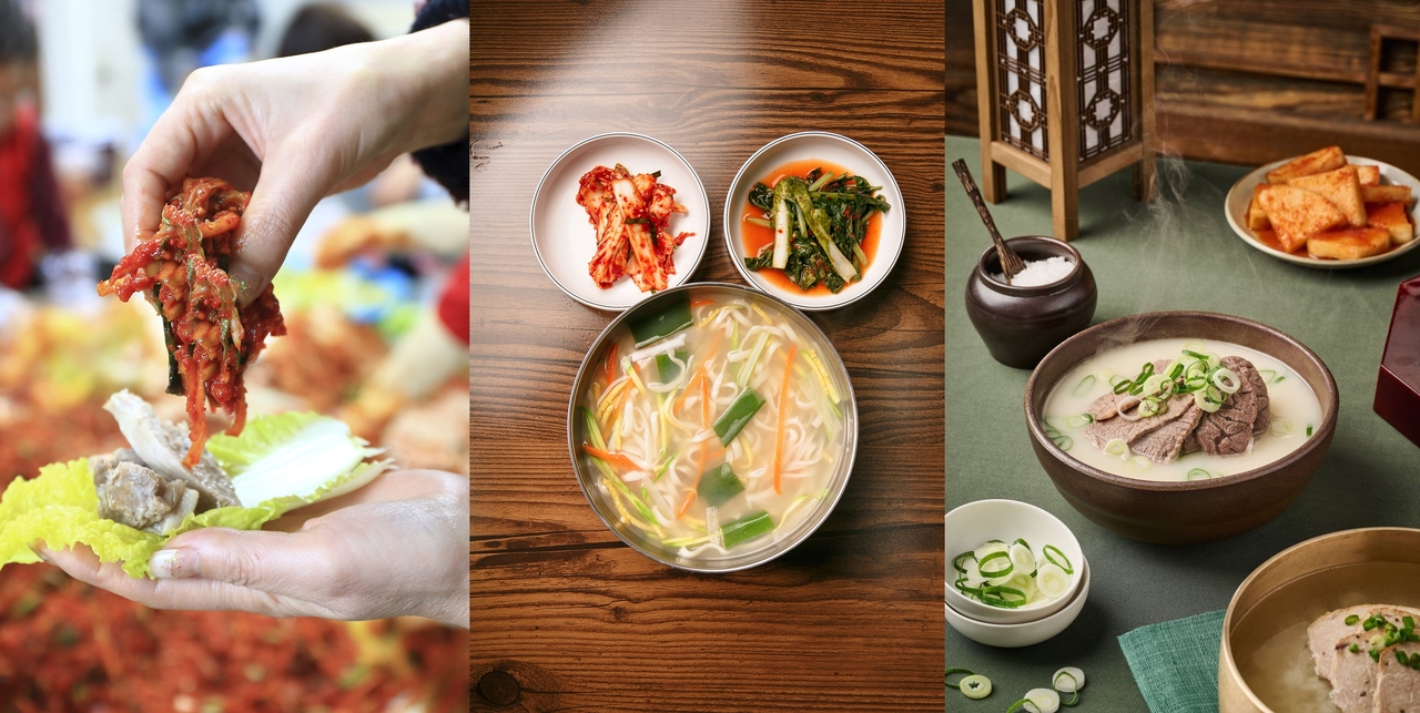 (왼쪽부터) 수육+김장 김치, 칼국수+배추겉절이, 설렁탕+섞박지 조합 [게티이미지뱅크]