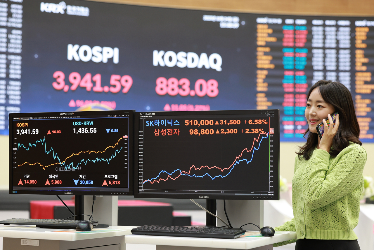 An electronic board showing the Korea Composite Stock Price Index at a dealing room of the Hana Bank headquarters in Seoul on Friday. (Yonhap)