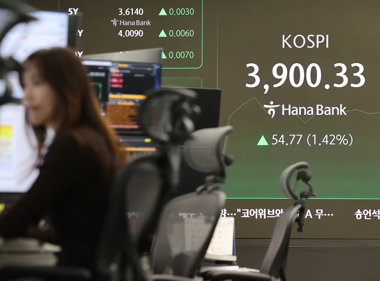 An electronic board showing the Korea Composite Stock Price Index at a dealing room of the Hana Bank headquarters in Seoul on Friday. (Yonhap)
