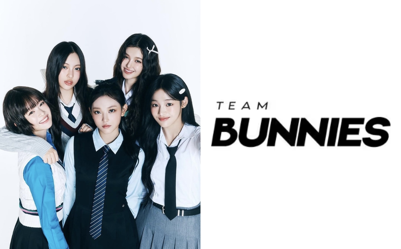 A photo of NJZ, formerly known as NewJeans (left) and the Team Bunnies logo (right).