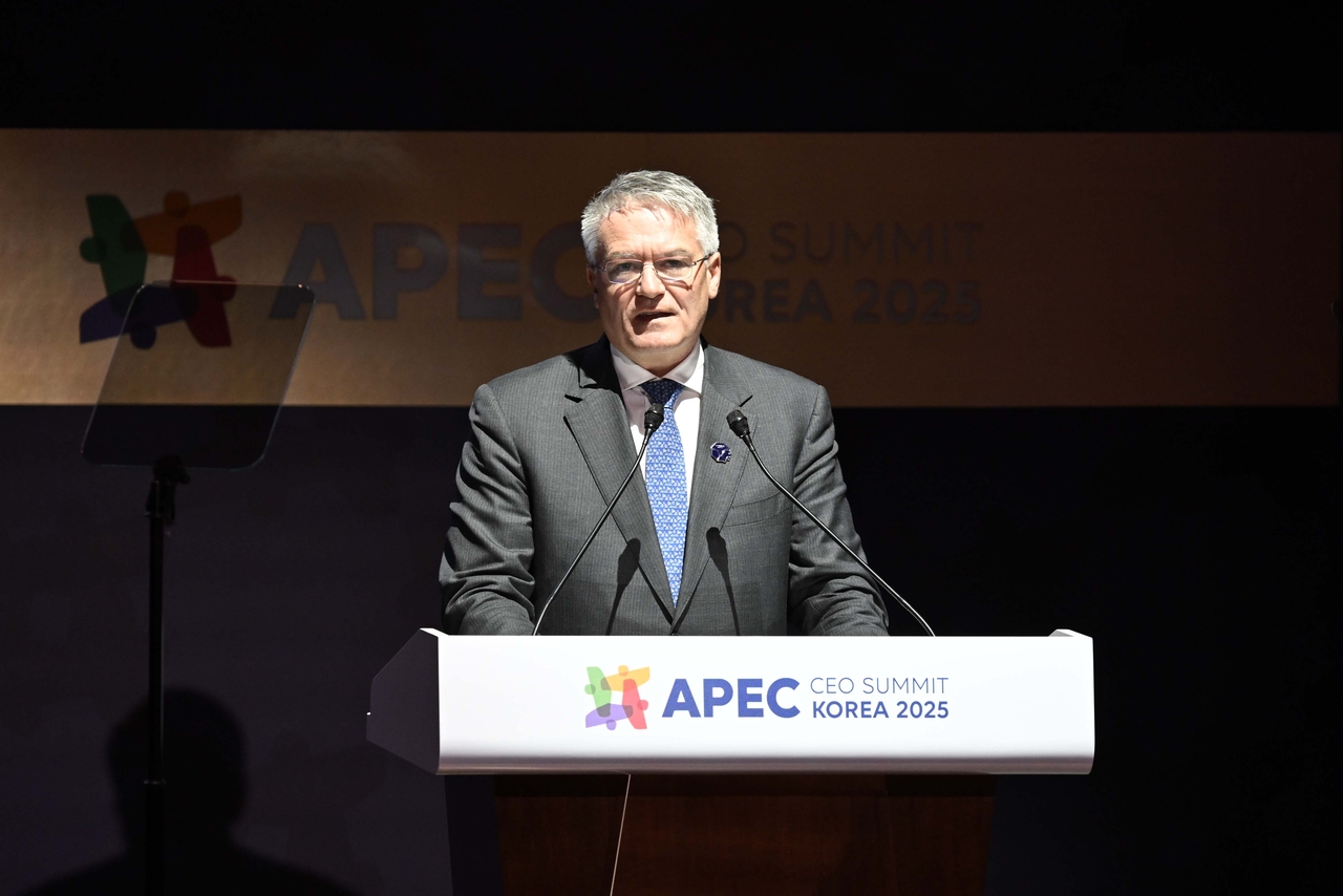OECD Secretary-General Mathias Cormann delivers a keynote address at the 2025 APEC CEO Summit at the Gyeongju Arts Center in North Gyeongsang Province on Wednesday. (Im Se-jun/The Korea Herald)