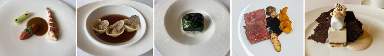 This image shows the menu served at the Special Presidential Dinner for Heads of State and Government in honor of President Trump, attended by leaders visiting Korea for the APEC Economic Leaders’ Week. From left: a lobster dish, dumplings made with "ogol" chicken, flatfish from Guryongpo, sirloin steak from Gyeongju and a yuja dessert from Goheung. (Presidential Office)