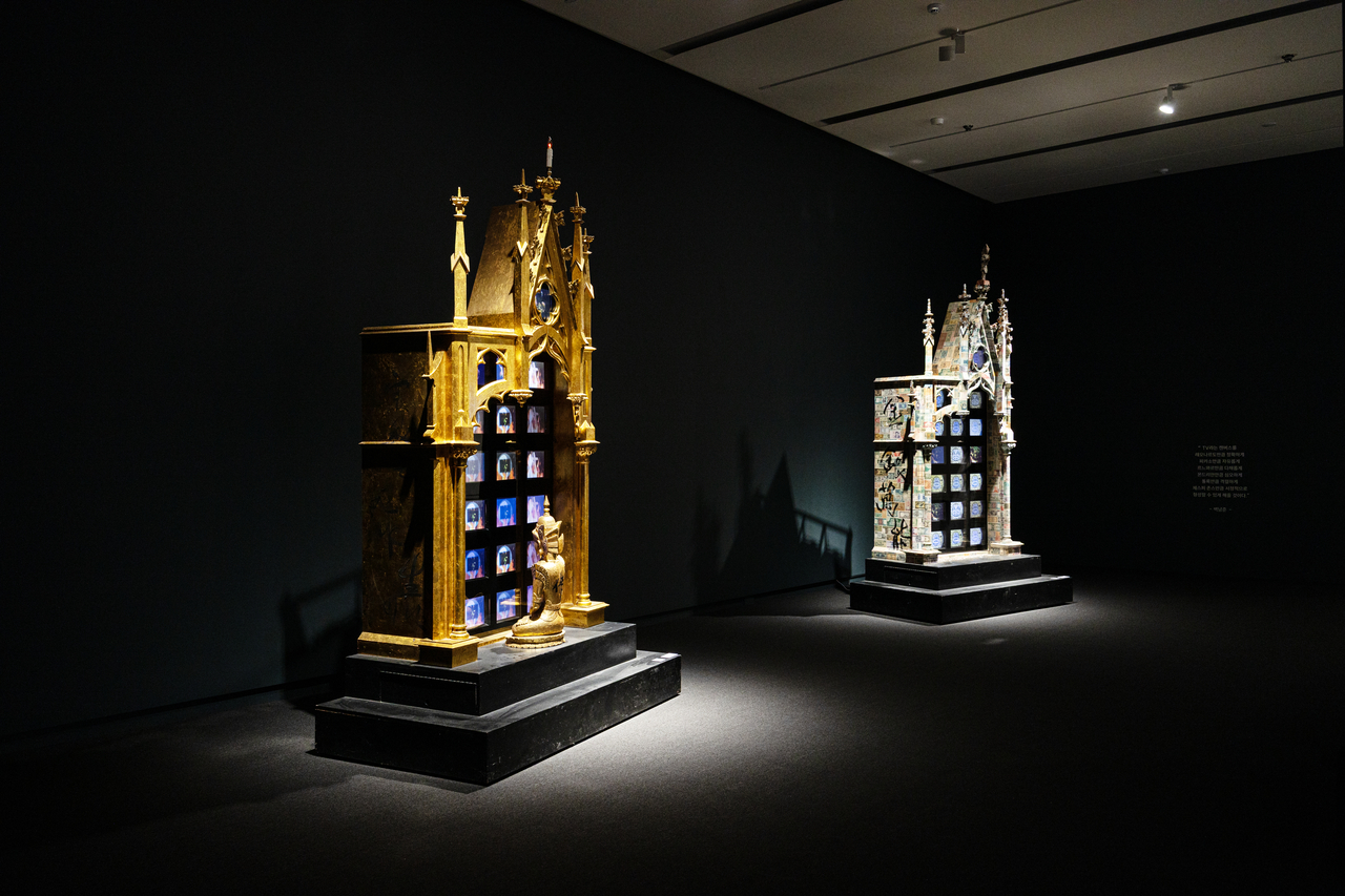 Installation view of "My Faust: Spirituality" (left) and "My Faust: Economics" by Paik Nam-june (Wooyang Art Museum)