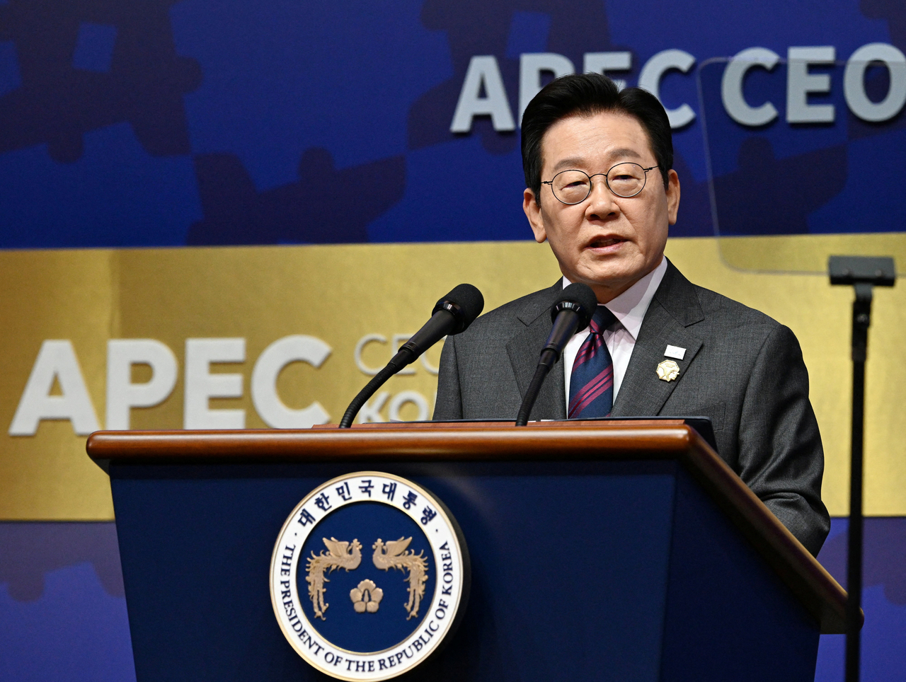 South Korean President Lee Jae Myung speaks during the opening ceremony of the APEC CEO Summit Korea 2025 in Gyeongju, South Korea, on Wednesday. (Pool Photo via Reuters)