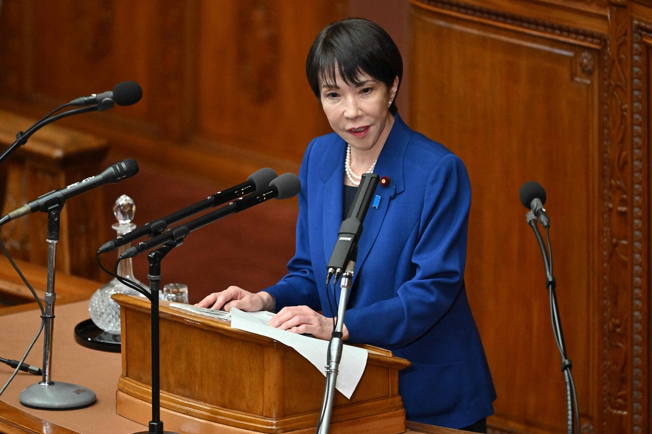 Japan's Prime Minister Sanae Takaichi deivers a speech at the House of Representatives plenary session in Tokyo on Friday. (AFP-Yonhap)